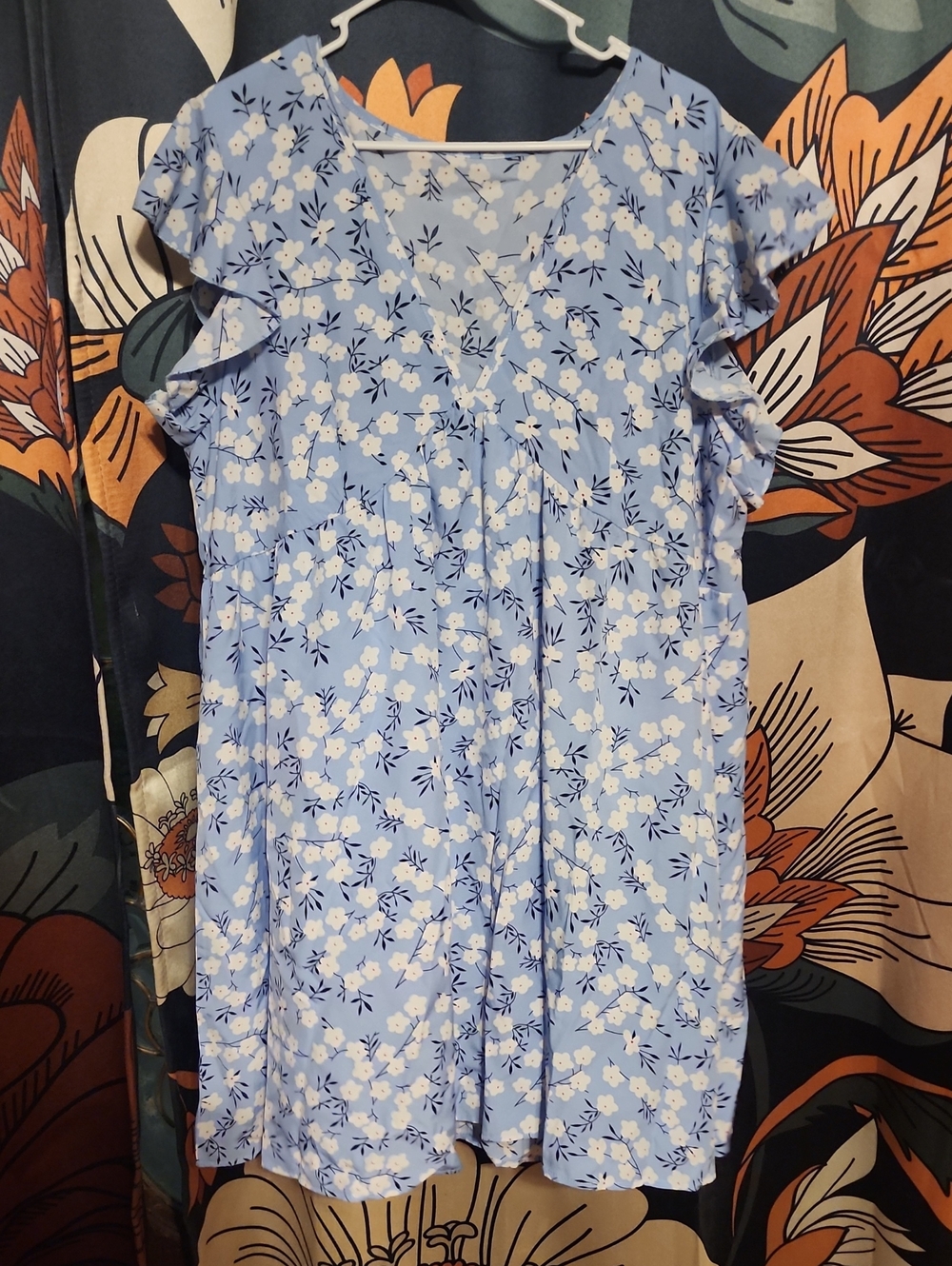 SHEIN Light Blue Floral V-Neck Ruffle Sleeve Dress